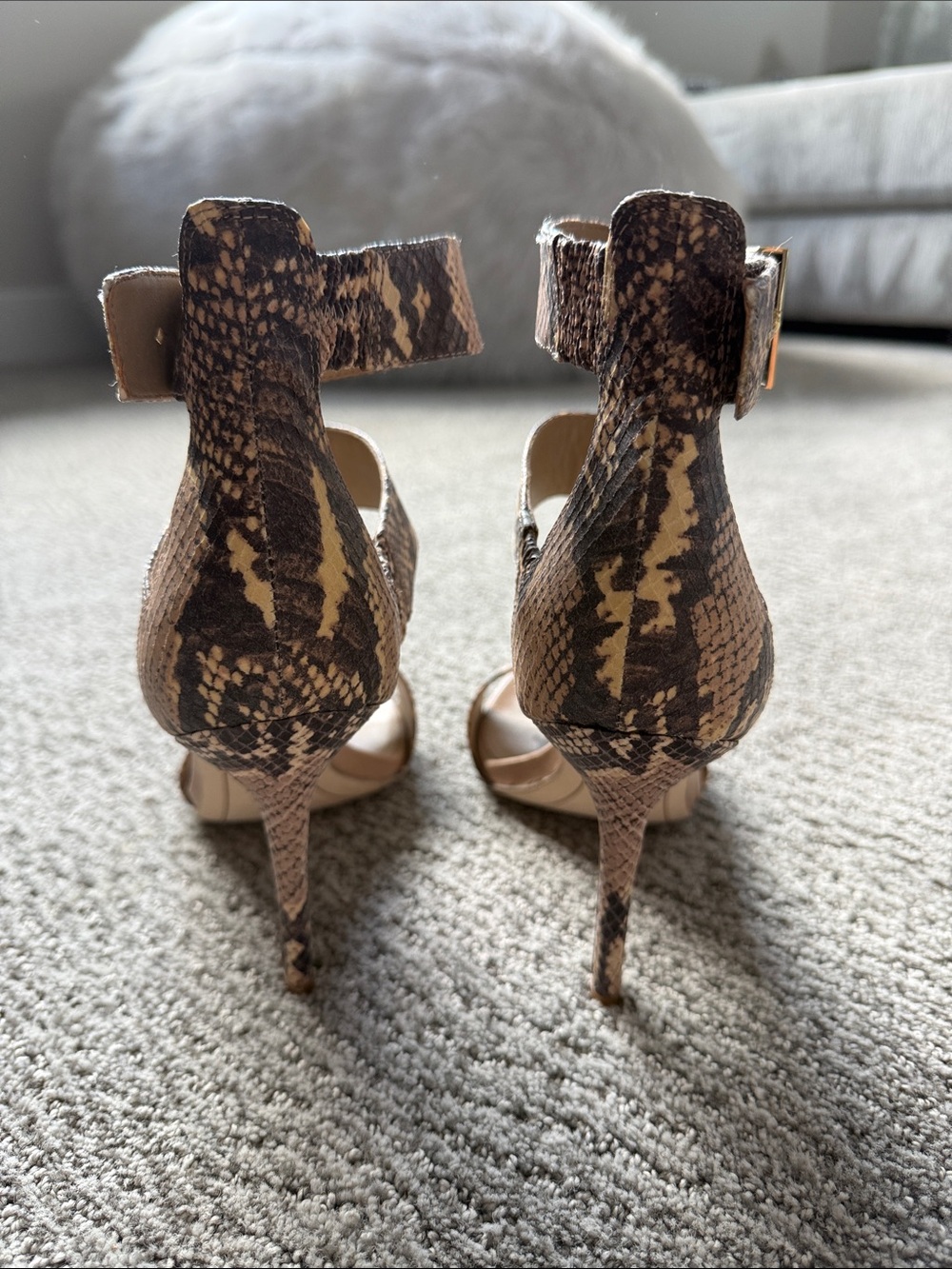 Sam Edelman Tan and Brown Snake-Print Strappy Stiletto Sandals - Picture 4 of 6